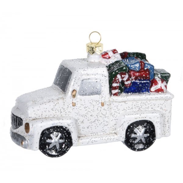 Χριστουγεννιάτικο Κρεμαστό Στολίδι Αυτοκινητάκι με Δώρα, Χιονισμένο (12cm)